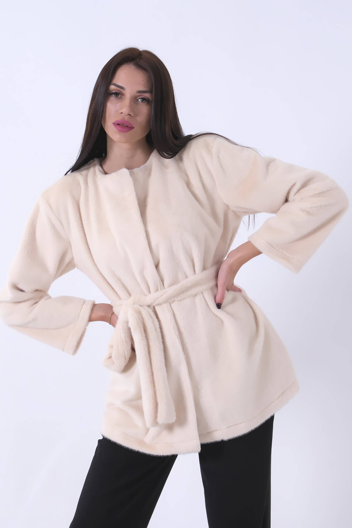Krem Önü Kapamalı Seyyar Kemerli Peluş Ceket 0105140.19 - Ardanewline