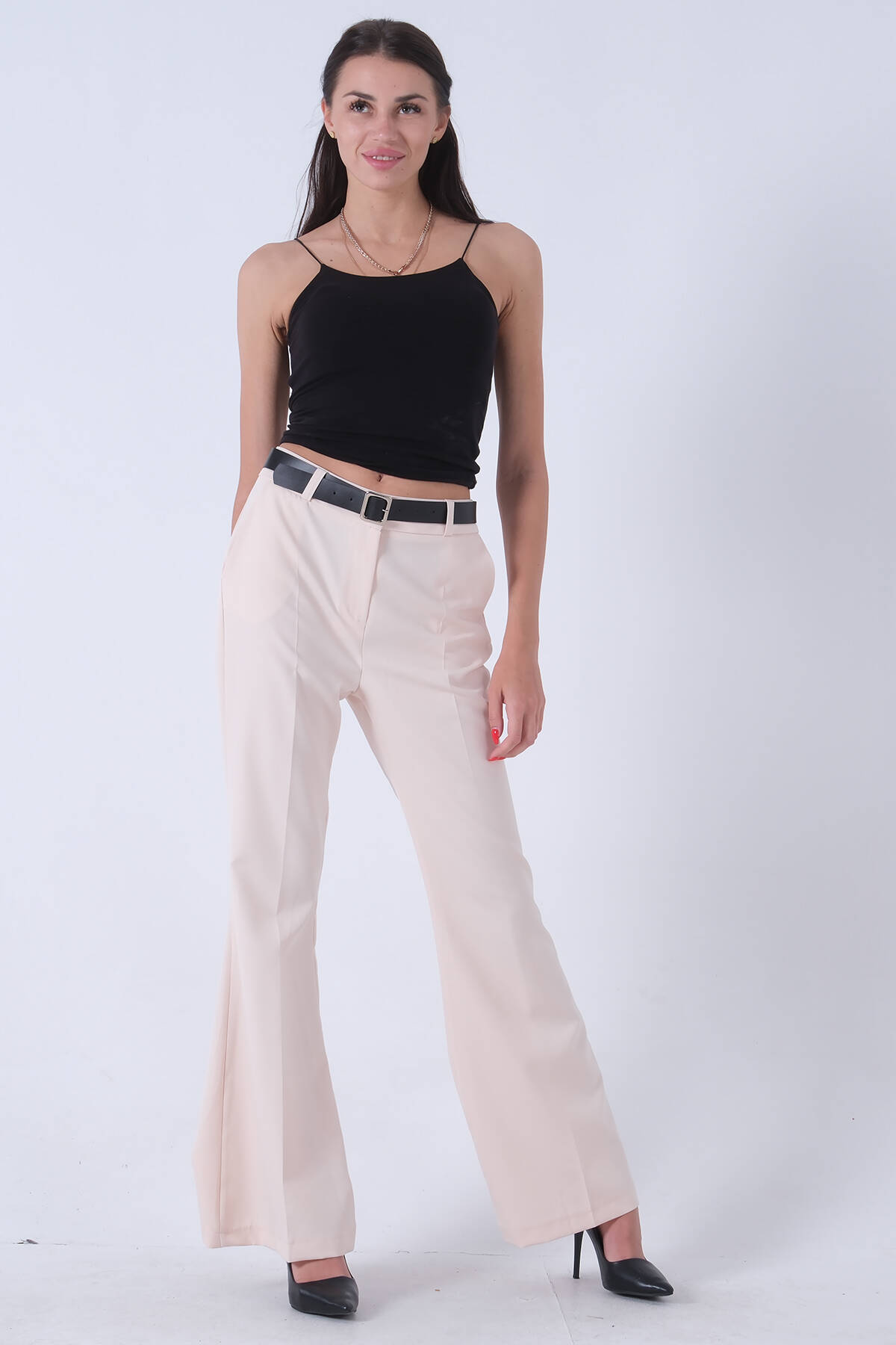 Krem Yüksek Bel İspanyol Paça Pantolon 0303891.19 