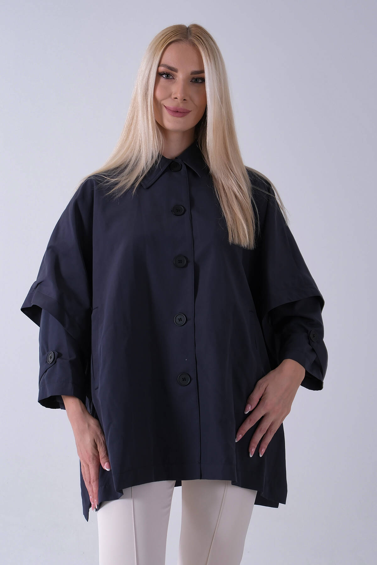 Lacivert 5 Düğme Kapamalı Takma Kol Yandan Cepli Trenç 5309343.02 Lacivert