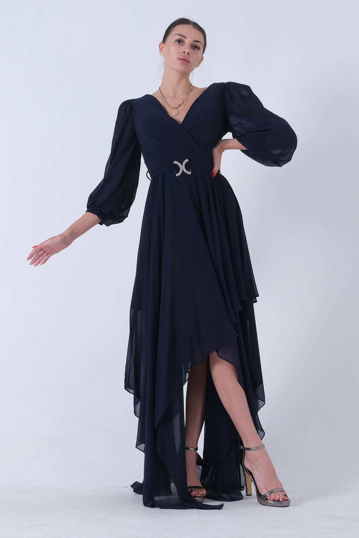 Lacivert Balon Kol Kruvaze Yaka Asimetrik Kesim Abiye Elbise 6502417.02 