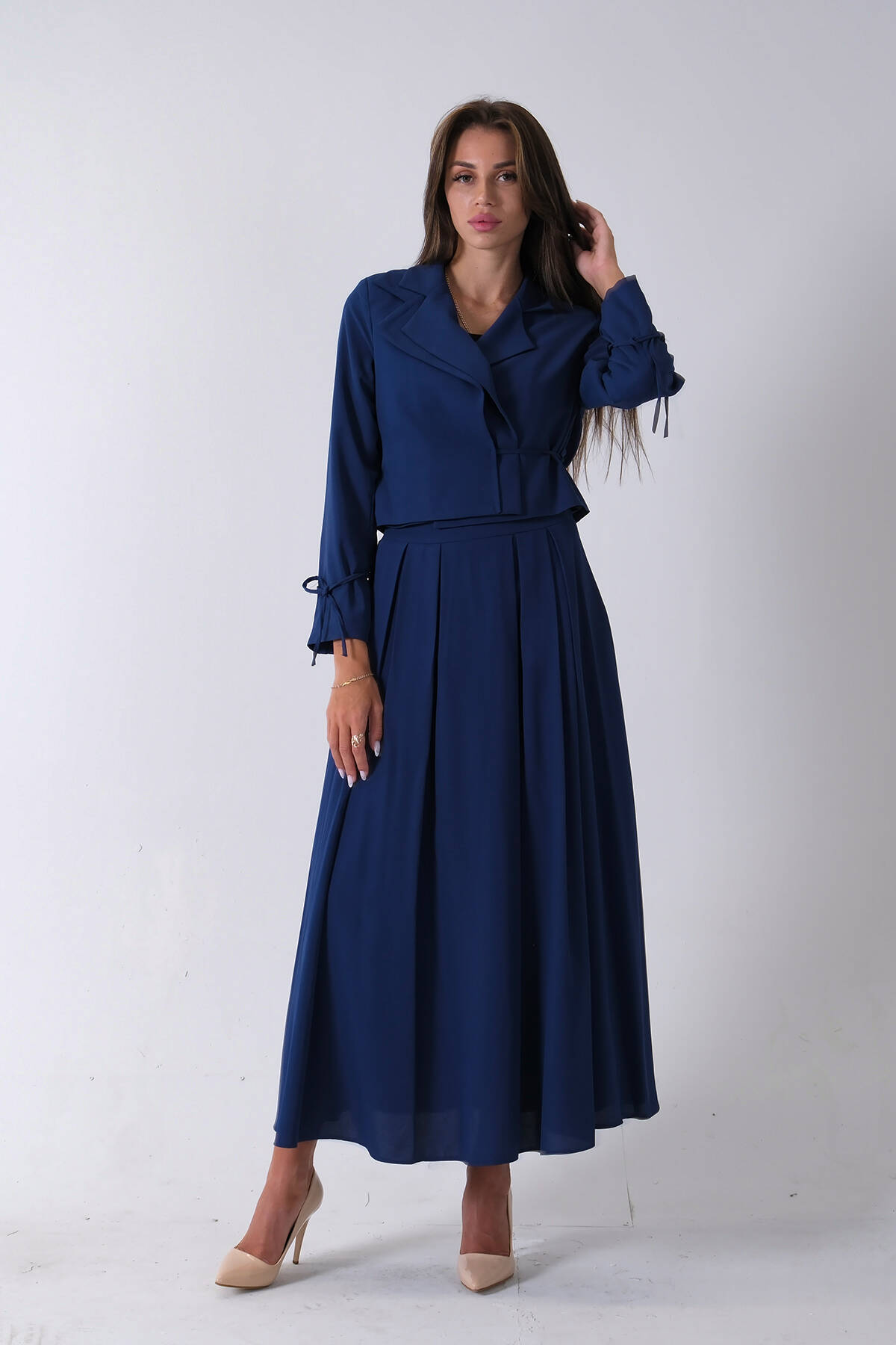 Lacivert Bel ve Bilek Bağlama Detaylı Crop Ceket Etekli Takım 4592249.02 Lacivert