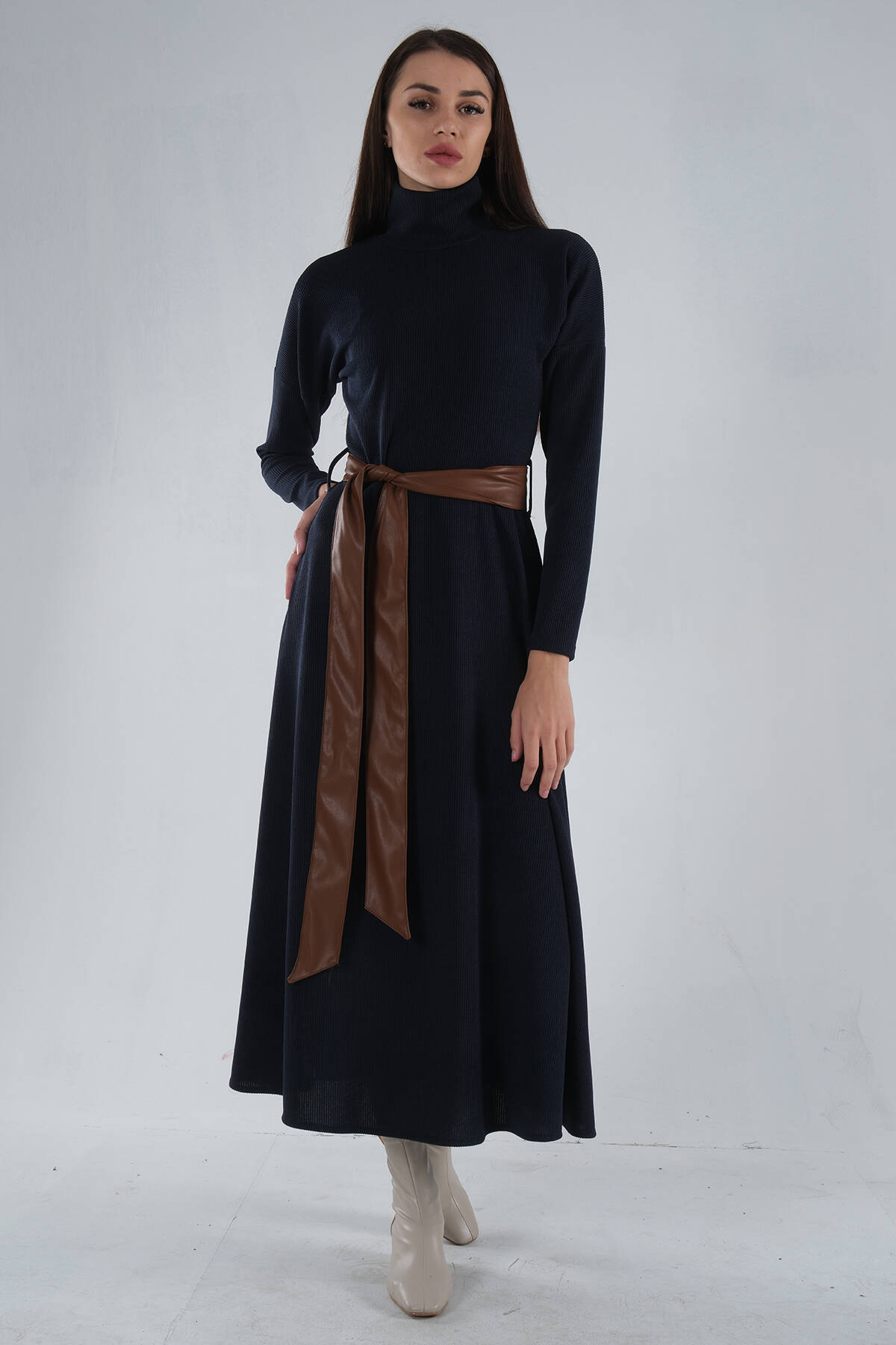 Lacivert Beli Kemerli Örme Elbise 0104030.02 