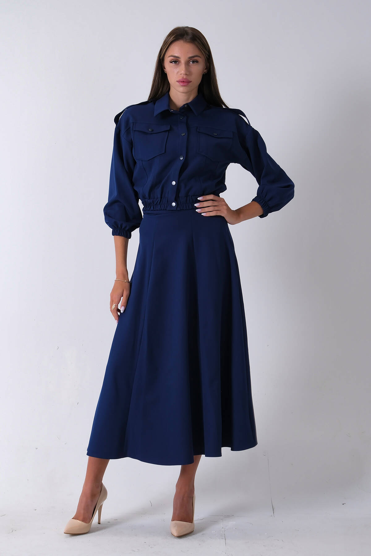 Lacivert Beli Lastikli Cepli Ceket ve Etek İkili Takım 4595053.02 