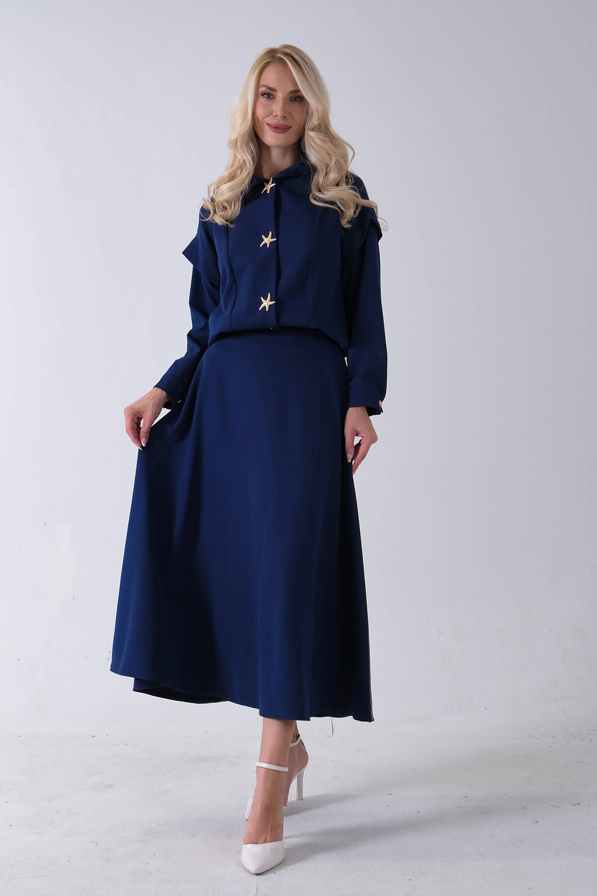 Lacivert Beli Lastikli Deniz Yıldızı Çıt Çıt Kapamalı Ceket Detaylı Etekli Takım 4592269.02 Lacivert