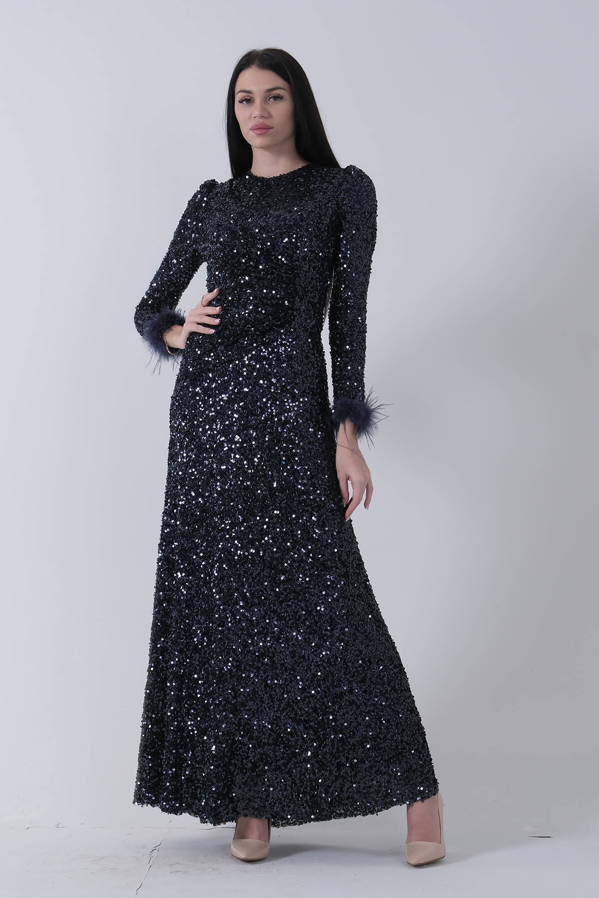 Lacivert Bilek Ucu Tüylü Pul Payetli Tesettür Abiye 6502496.02 - Ardanewline