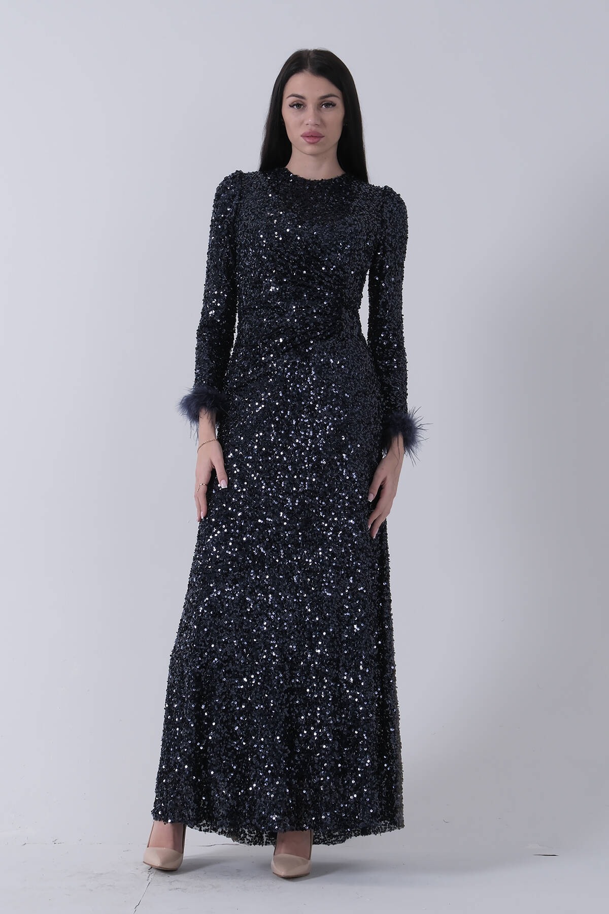 Lacivert Bilek Ucu Tüylü Pul Payetli Tesettür Abiye 6502496.02 - Ardanewline (1)