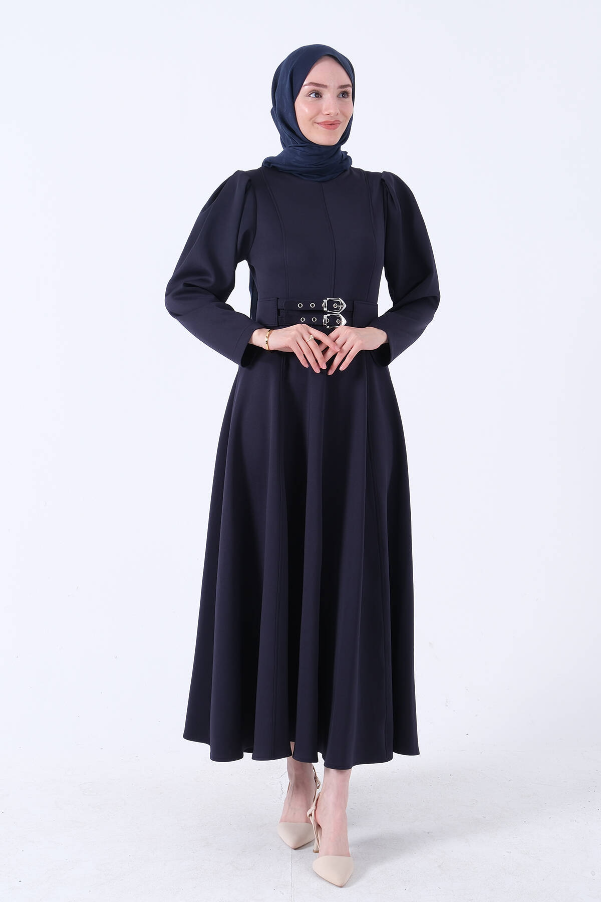 Lacivert Bisiklet Yaka Kemerli Scuba Elbise 4593509.02 - Ardanewline