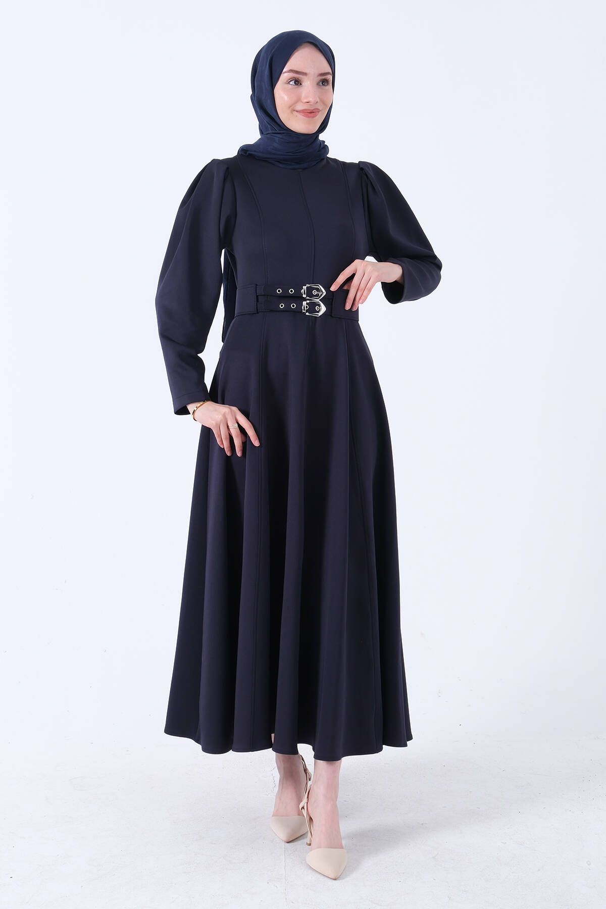 Lacivert Bisiklet Yaka Kemerli Scuba Elbise 4593509.02 - Ardanewline (1)
