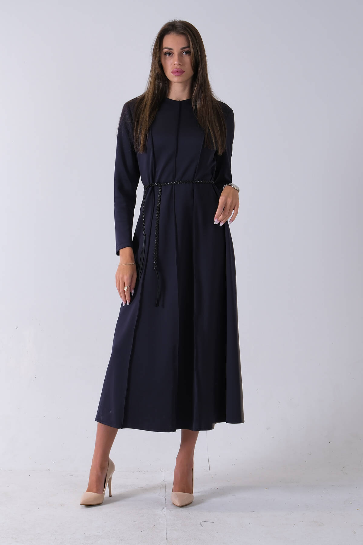 Lacivert Bisiklet Yaka Önü Pile Detaylı Beli Kemerli Elbise 4593453.02 Lacivert