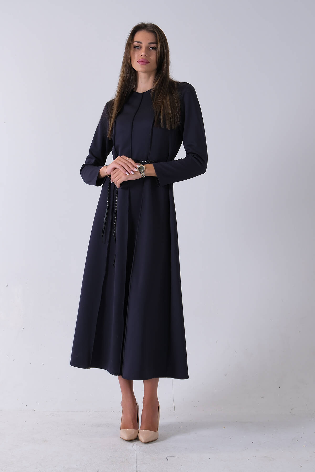 Lacivert Bisiklet Yaka Önü Pile Detaylı Beli Kemerli Elbise 4593453.02 - Ardanewline (1)