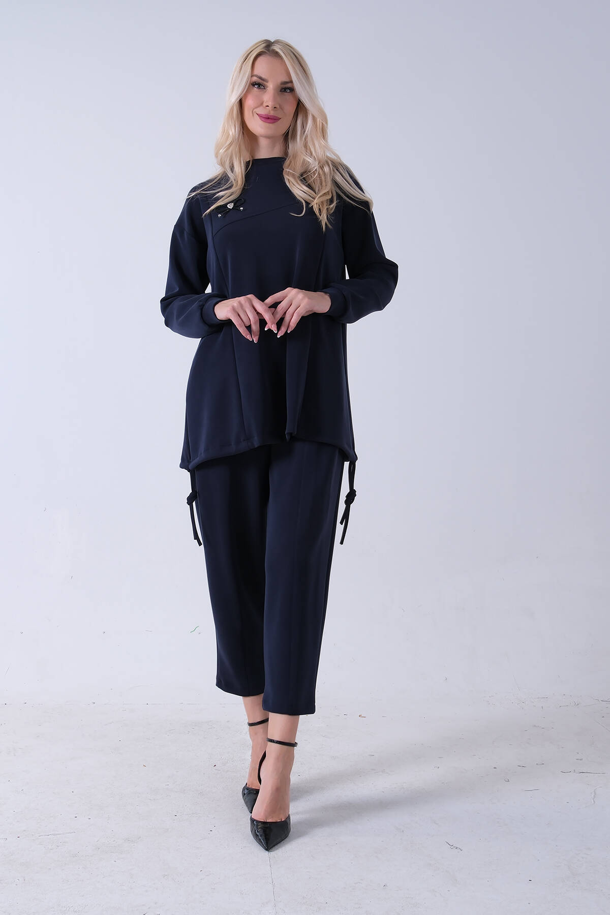 Lacivert Bisiklet Yaka Tunik Pantolonlu Takım 4577261.02 - Ardanewline