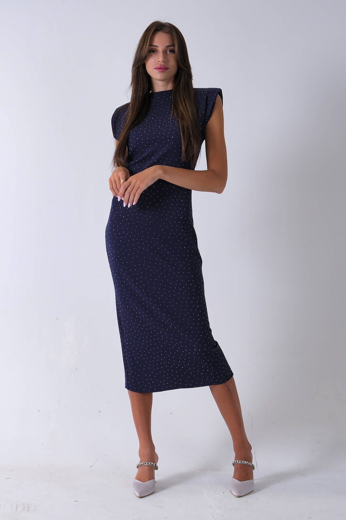 Lacivert Büzgülü Üzeri Taş Detaylı Elbise 03050336.02 Lacivert