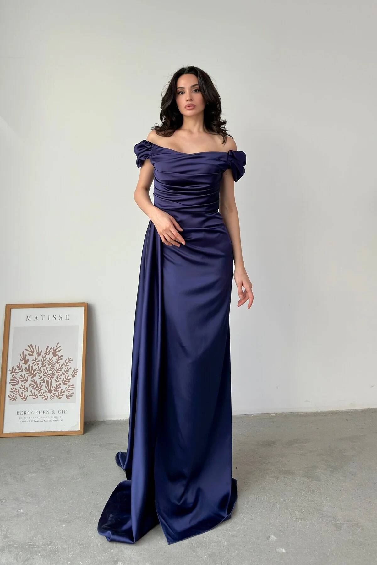 Lacivert Drape Detaylı Saten Kumaş Abiye Elbise 9704858.02 