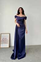 Lacivert Drape Detaylı Saten Kumaş Abiye Elbise 9704858.02