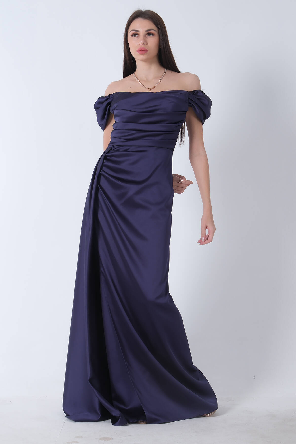 Lacivert Drape Detaylı Saten Kumaş Abiye Elbise 9704858.02