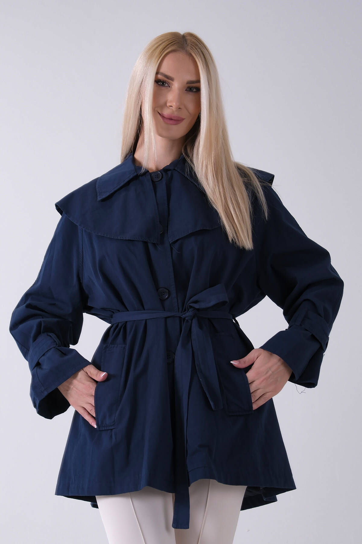 Lacivert Düğme Kapamalı Kuşaklı Yandan Cepli Trenç 422235.02 - Ardanewline