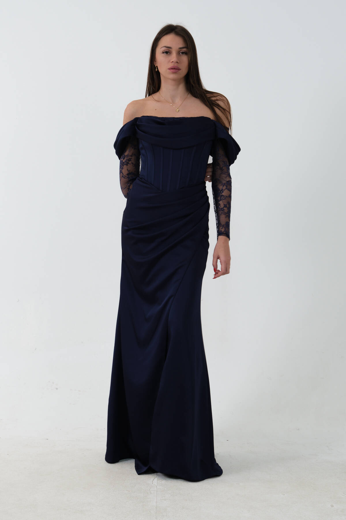 Lacivert Düşük Omuz Dantel Kolu Korsajlı Abiye 9705830.02 Lacivert