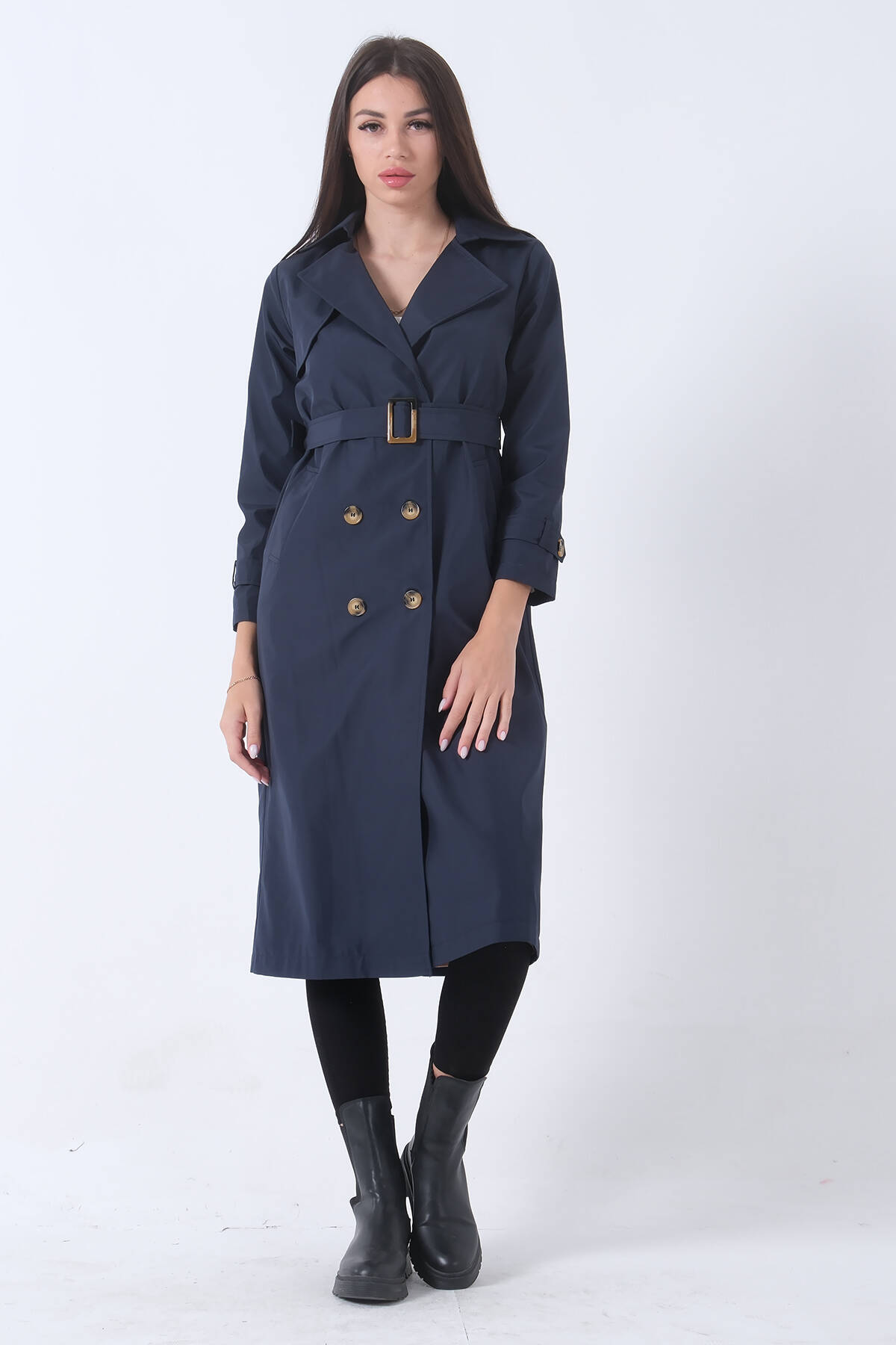Lacivert Ekose Astarlı Düğmeli ve Kemerli Trençkot 0204049.02 