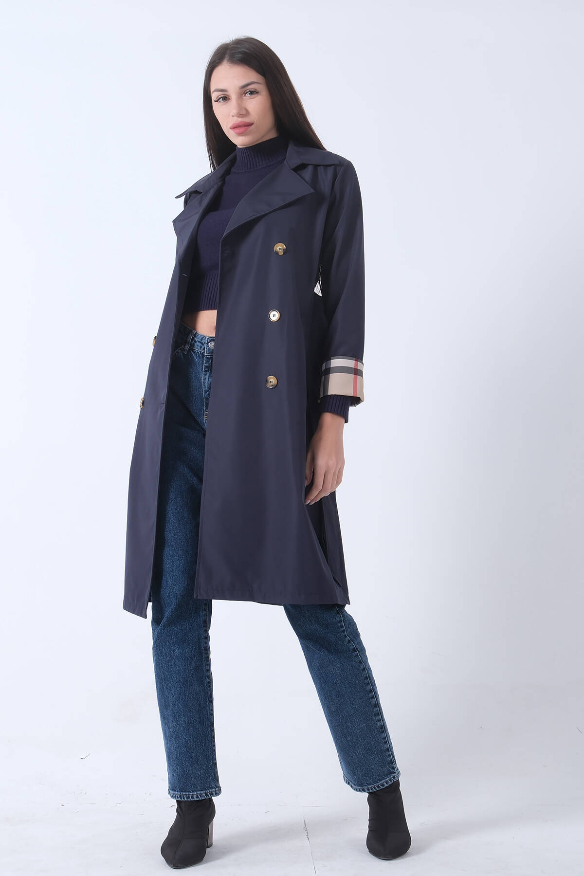 Lacivert Ekose Detaylı Düğme ve Kuşaklı Trençkot 0202027.02 
