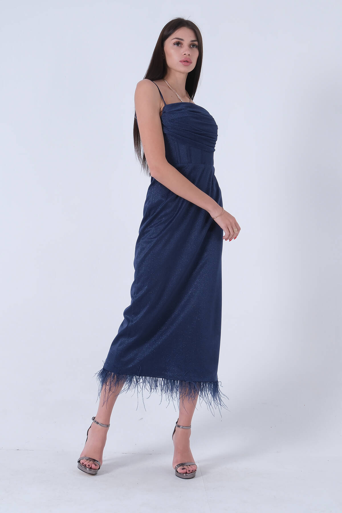Lacivert Etek Ucu Tüylü Simli Tül Şanel Abiye Elbise 1302245.02 Lacivert