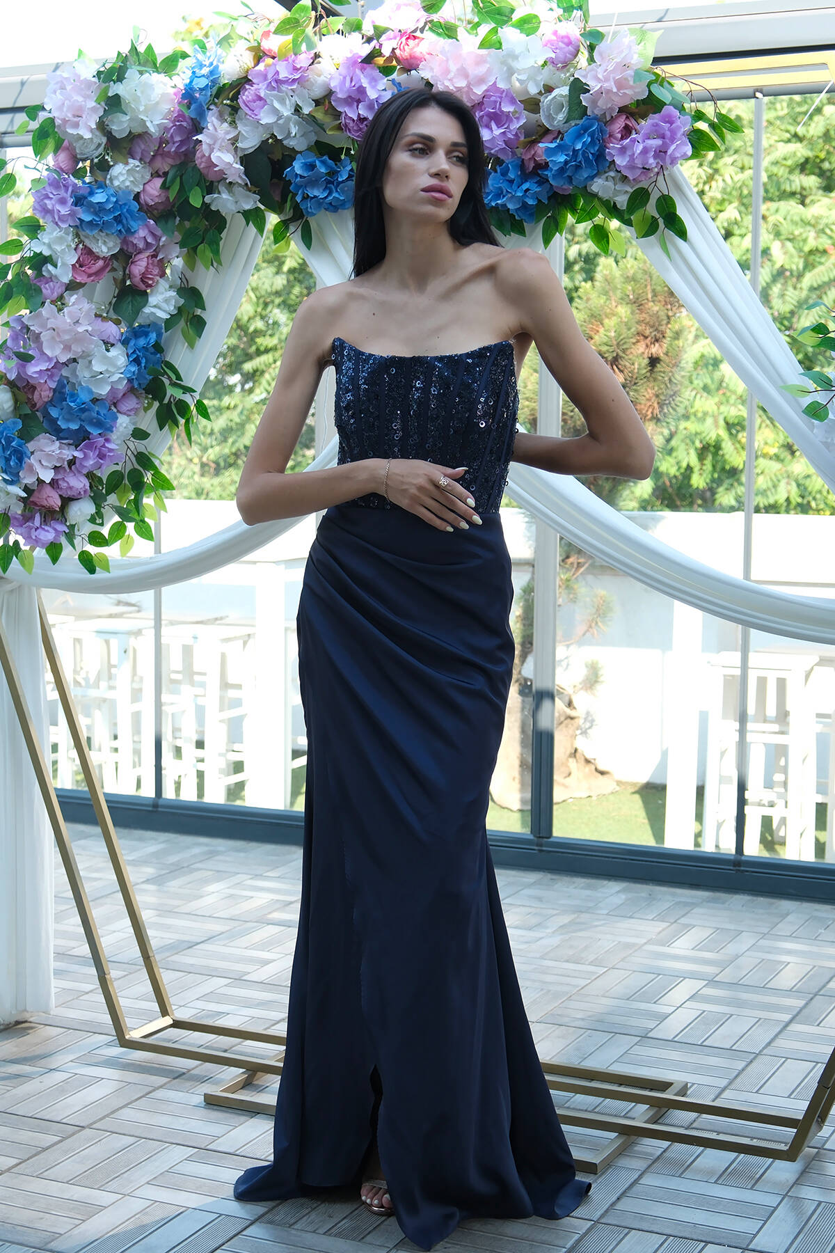 Lacivert Göğüs Pul ve Taşlı Saten Abiye 9705294.02 