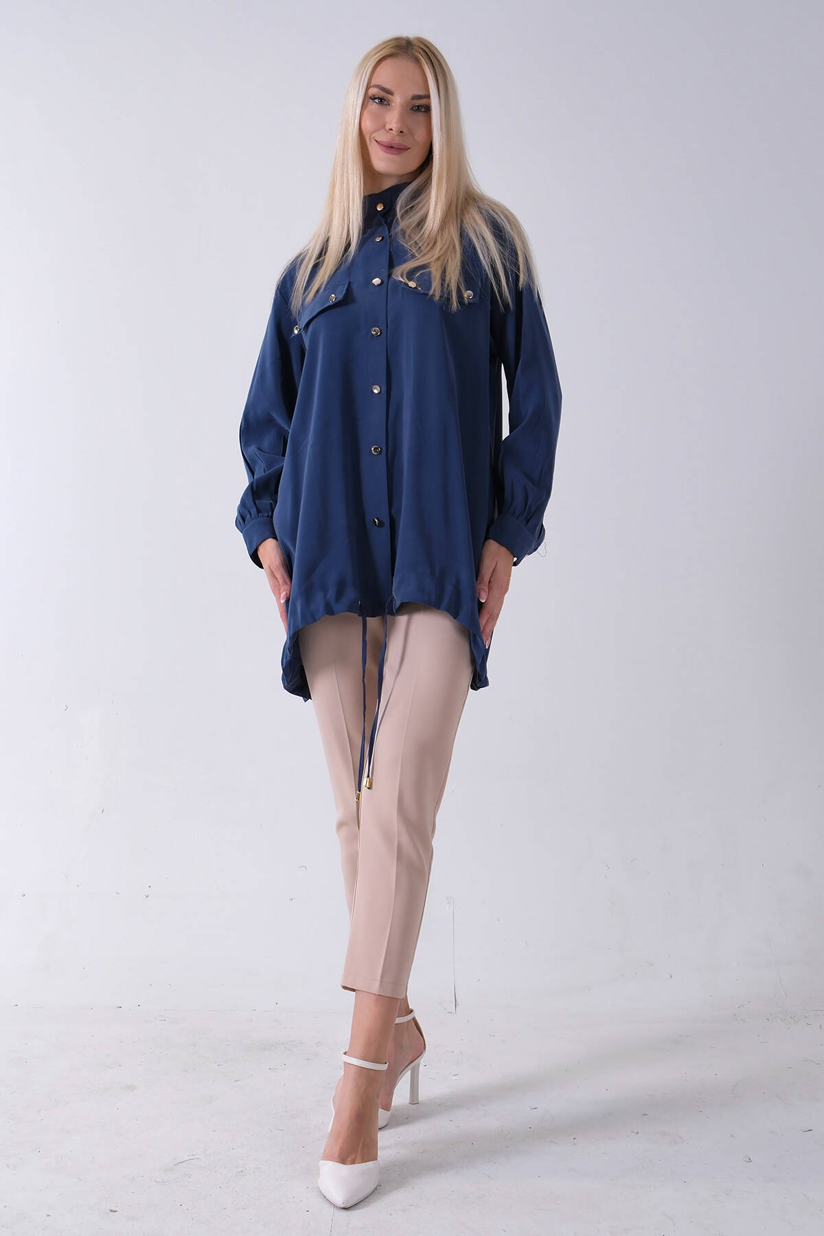 Lacivert Hakim Yaka Cep Kapak Detaylı Etek Ucu İpli Tunik 3972106.02 Lacivert