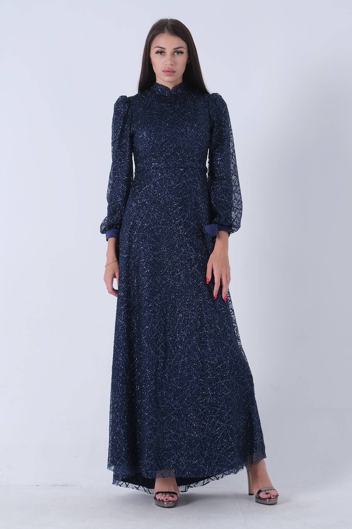 Lacivert Hakim Yaka Simli Bileği Bağlamalı Tesettür Abiye 6502480.02 