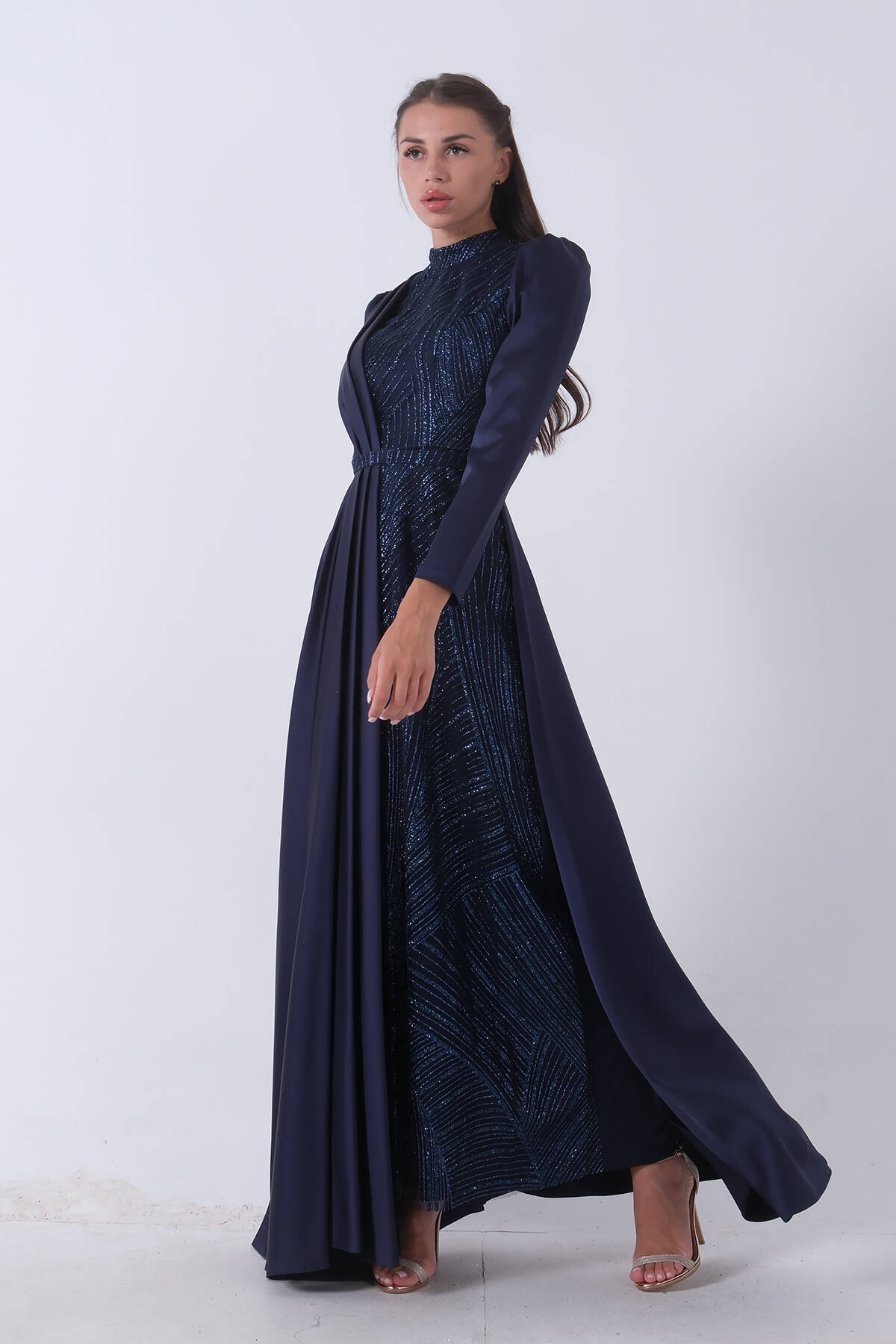 Lacivert İç Kısmı Simli Saten Abiye 6502431.02 