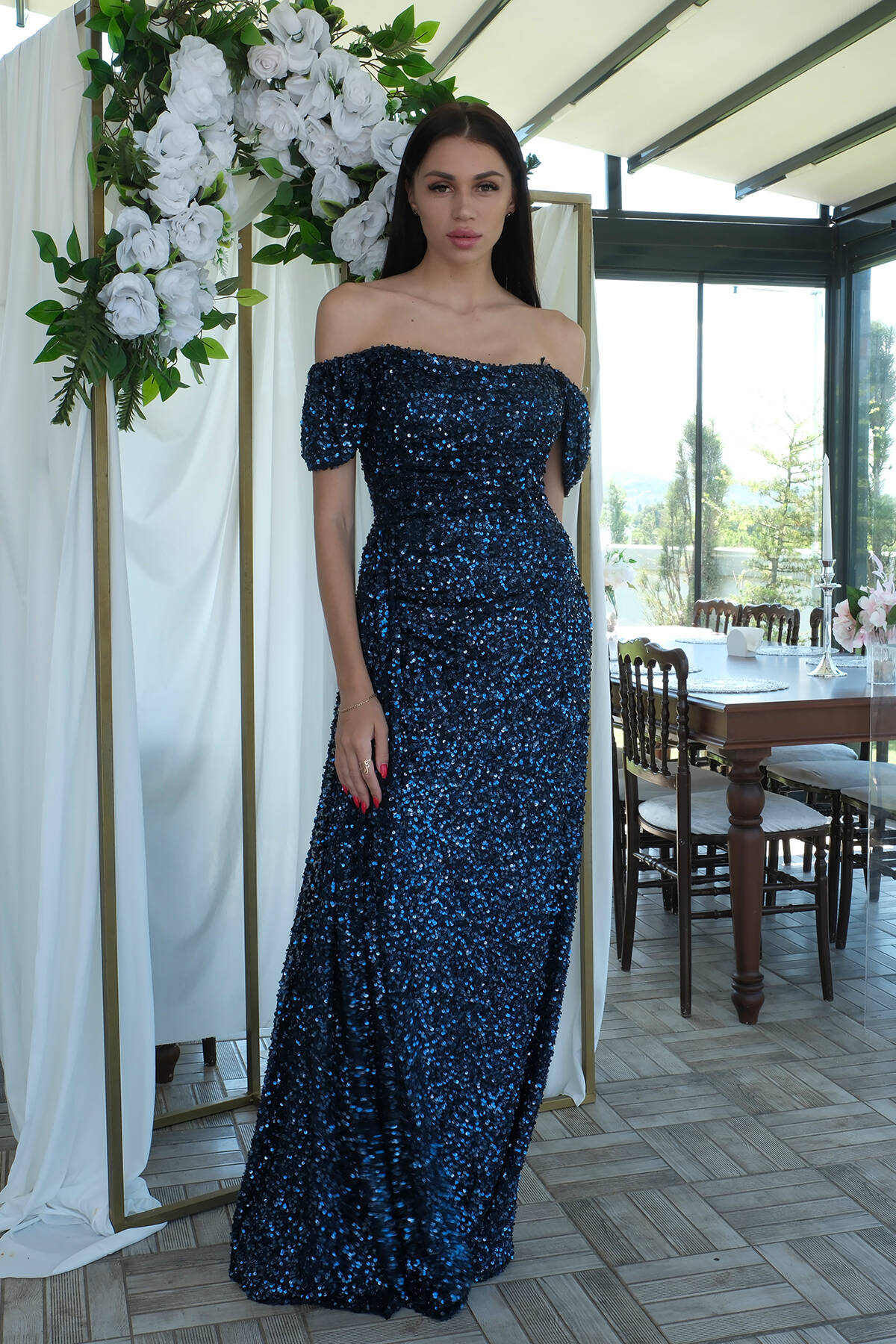 Lacivert Kadın Omzu Açık Payetli Yırtmaçlı Uzun Abiye Elbise 9705544.02 Lacivert