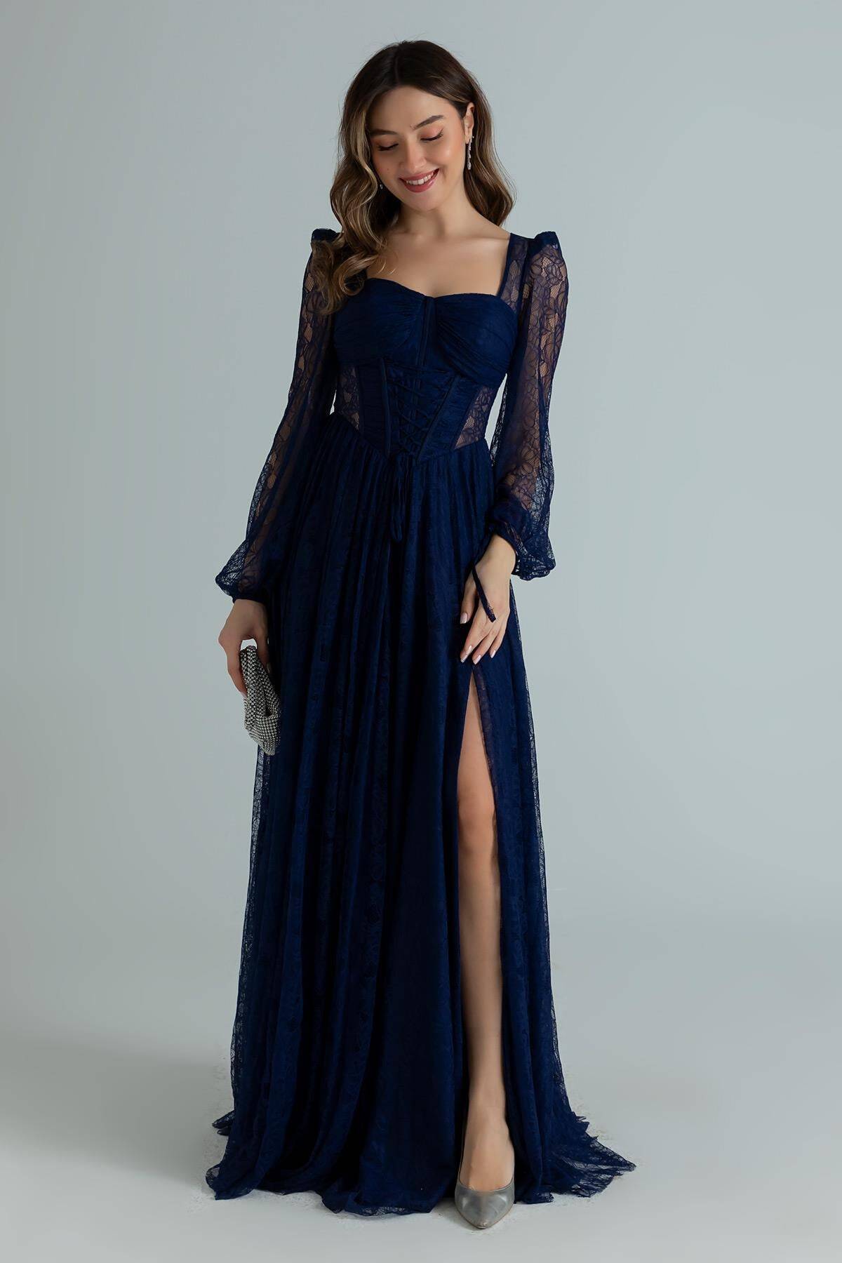 Lacivert Kalp Yaka Korse Detaylı Önü Bağlamalı Dantel Abiye 0801203.02 - Ardanewline