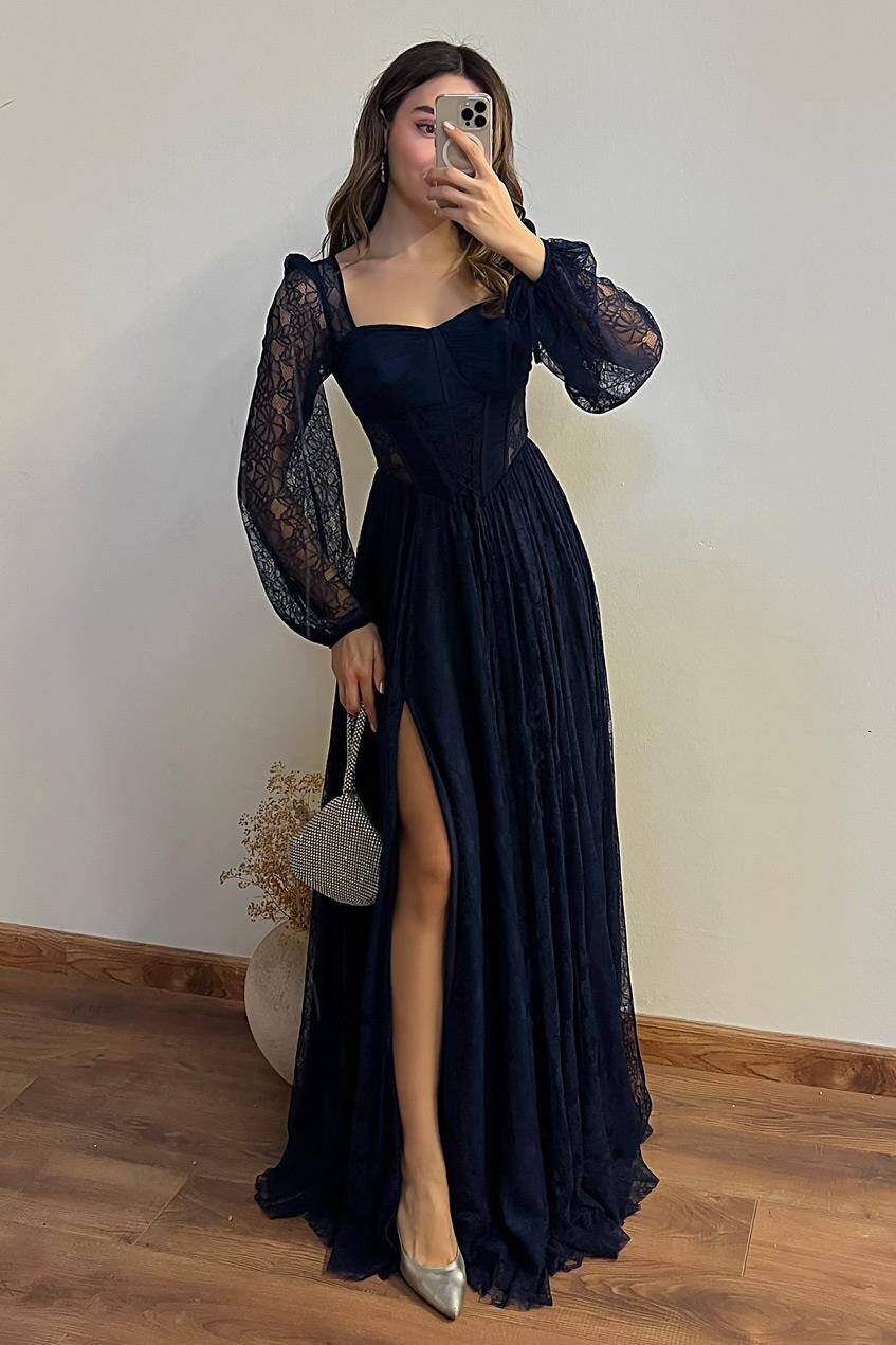 Lacivert Kalp Yaka Korse Detaylı Önü Bağlamalı Dantel Abiye 0801203.02 - Ardanewline (1)