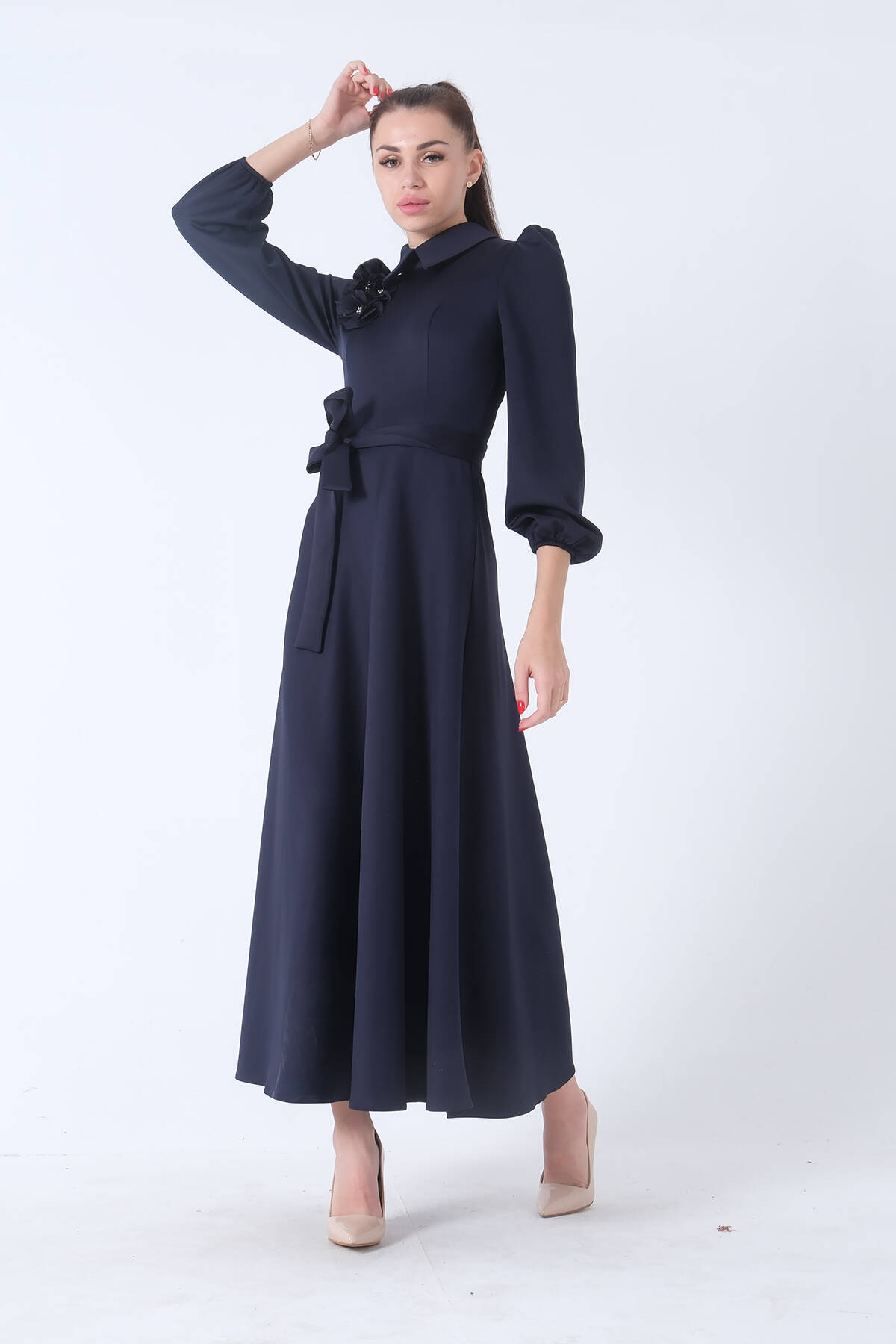 Lacivert Kemer Bağlamalı Kloş Elbise 4593260.02 