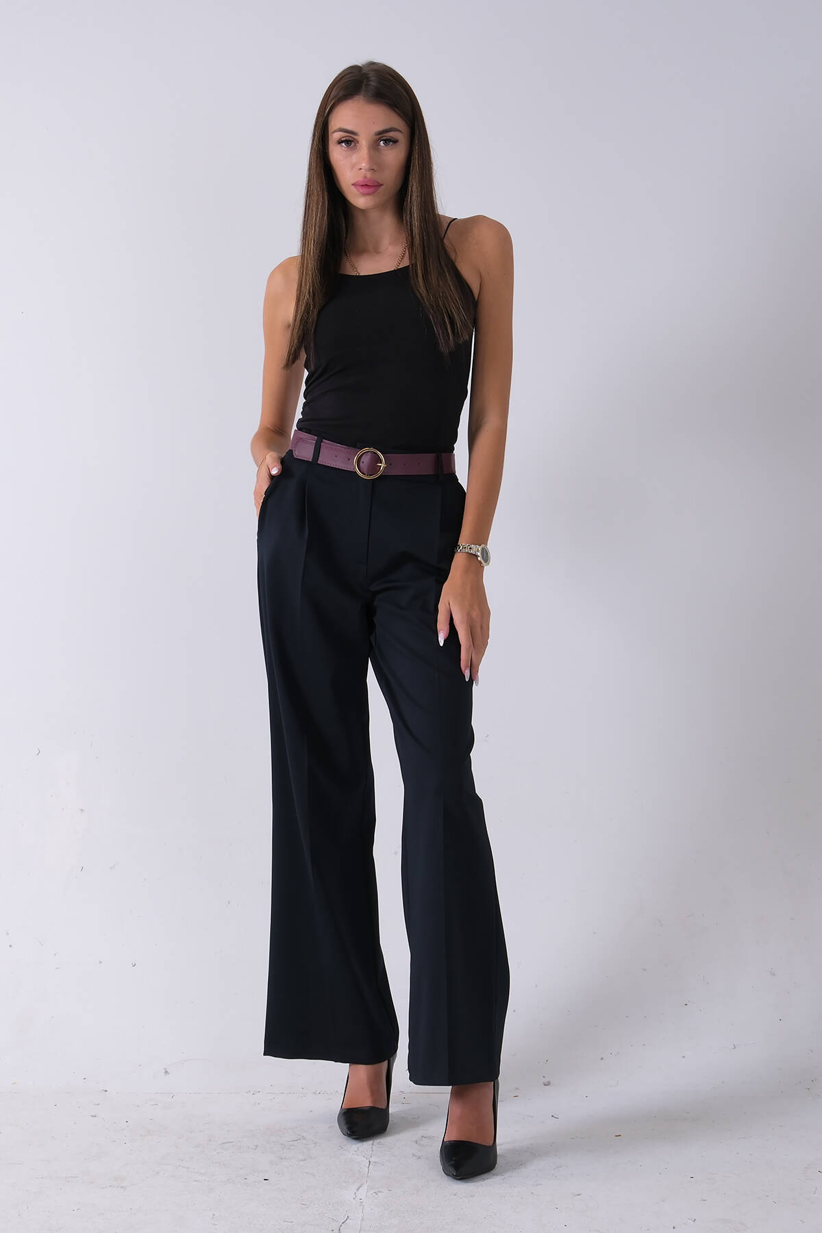 Lacivert Kemerli Cepli Bol Paça Pantolon 03030190.02 - Ardanewline