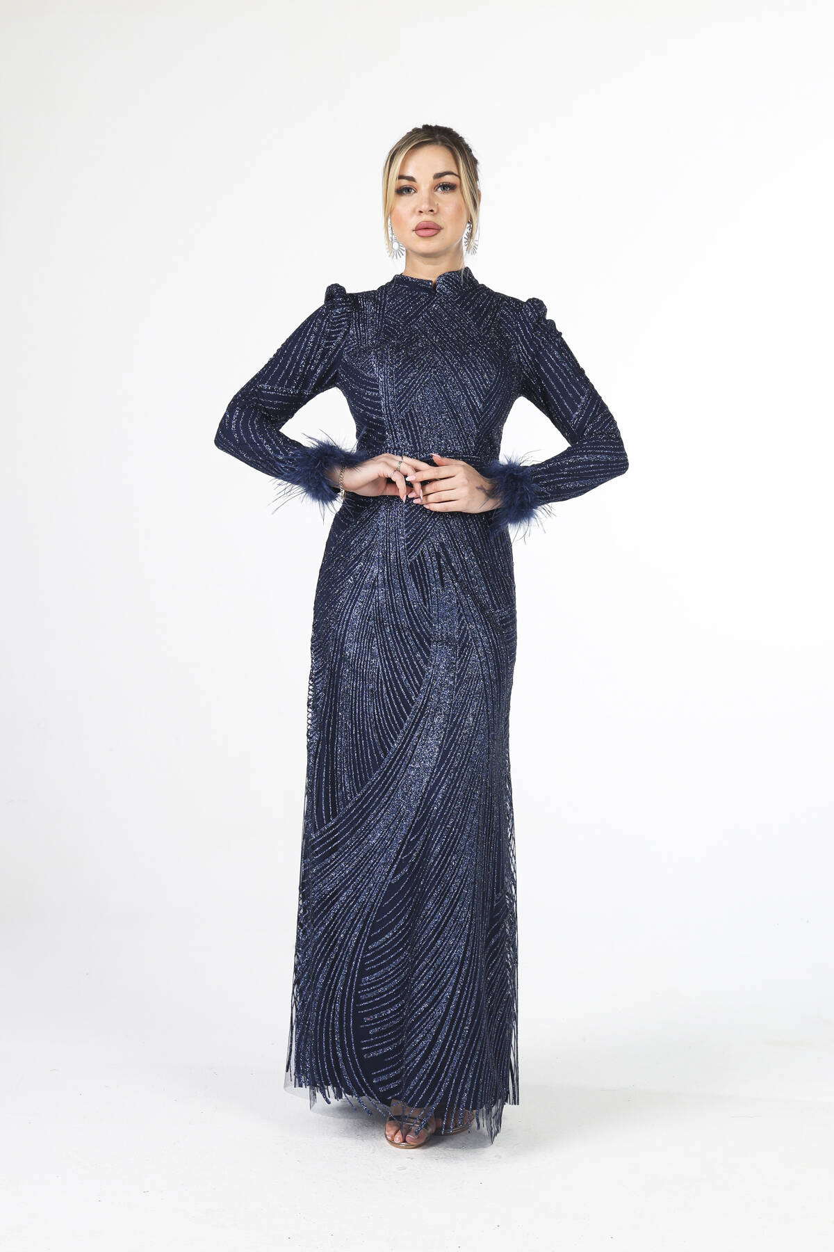Lacivert Kol Uçları Tüylü Abiye Elbise 6502437.02 