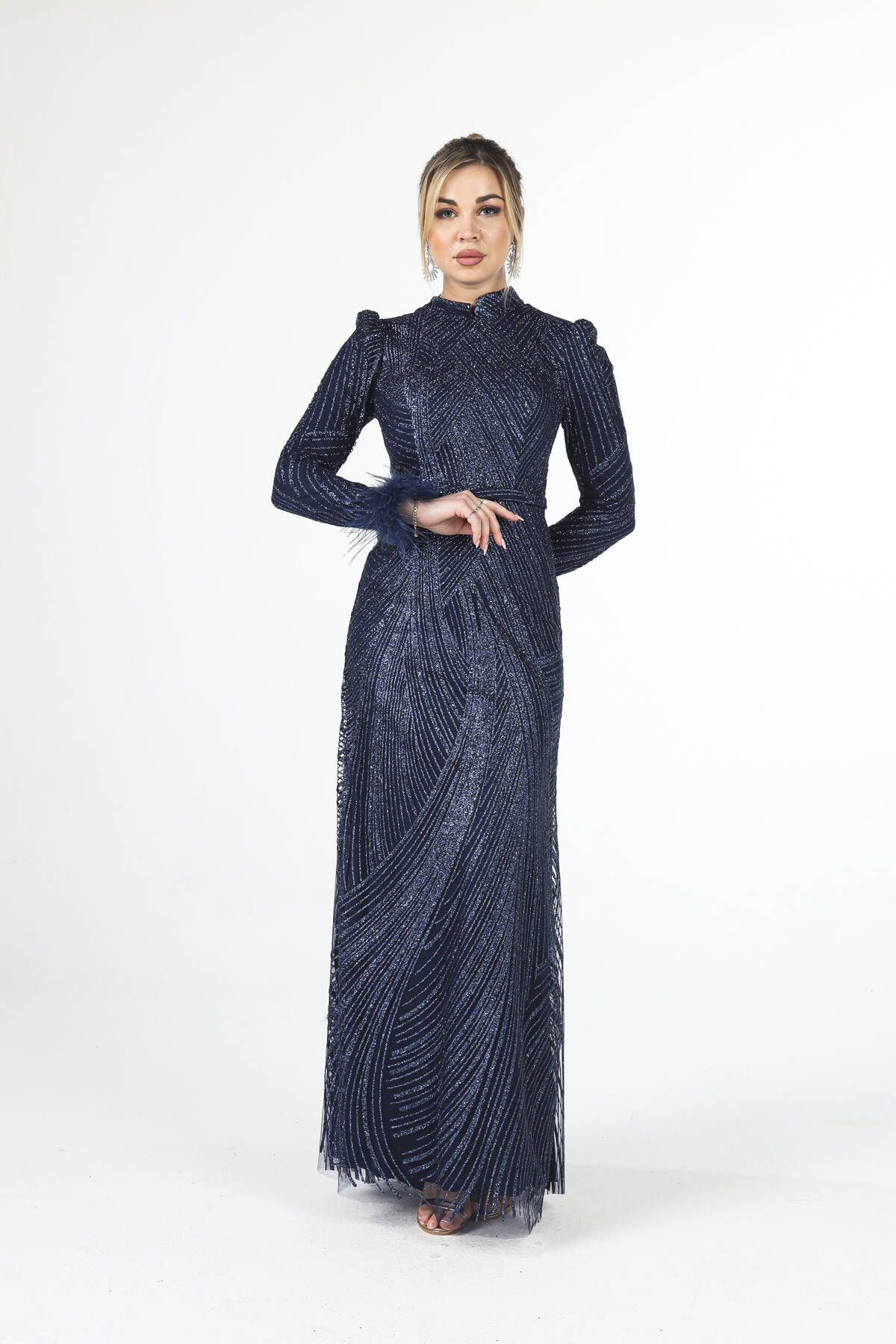 Lacivert Kol Uçları Tüylü Abiye Elbise 6502437.02 - Ardanewline (1)