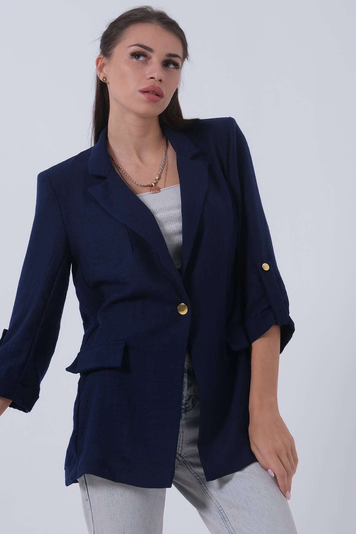Lacivert Kolları Düğme Toparlamalı Keten Ceket 01051361.02 
