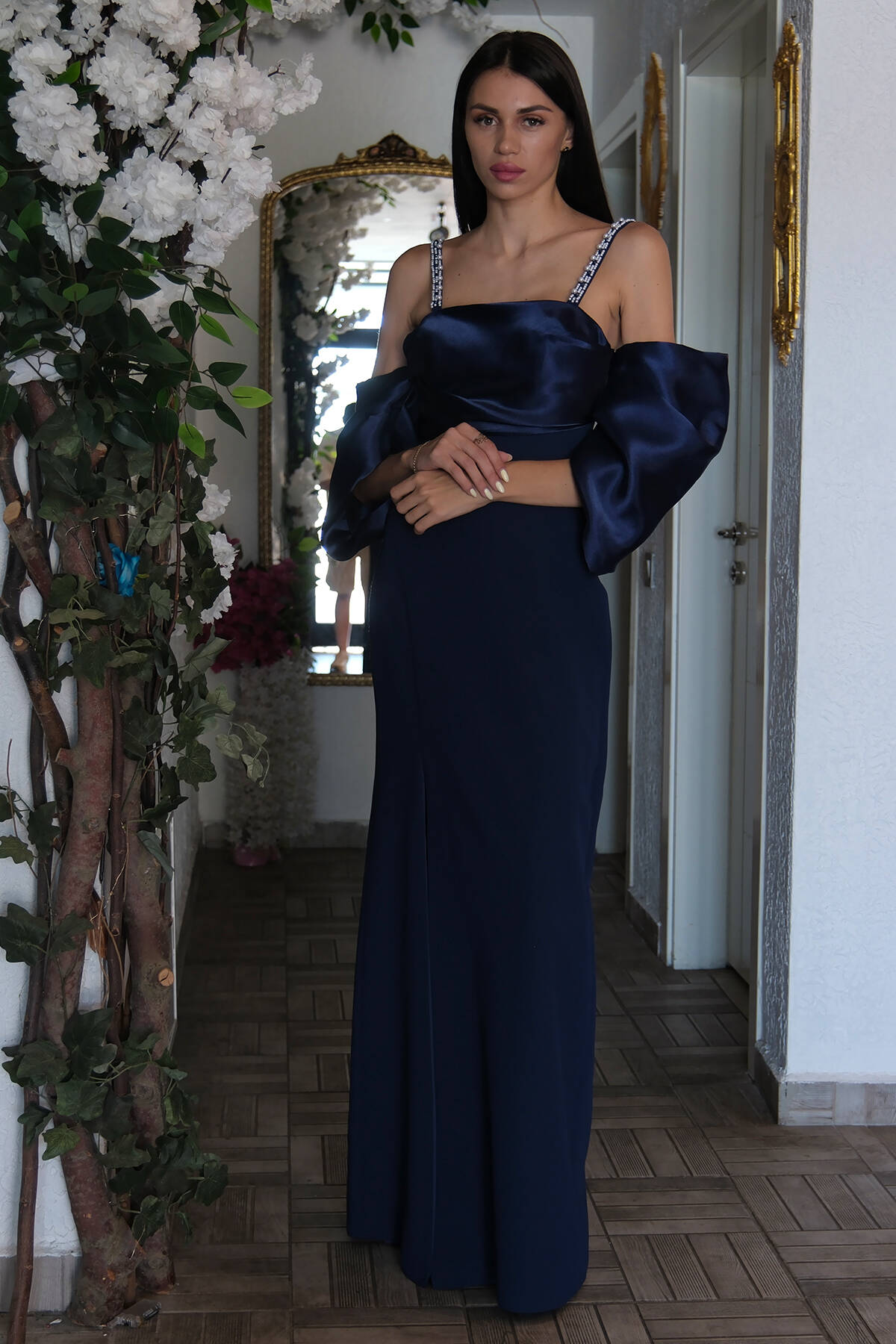 Lacivert Kolları Şifon Yırtmaçlı Abiye 9705139.02 Lacivert