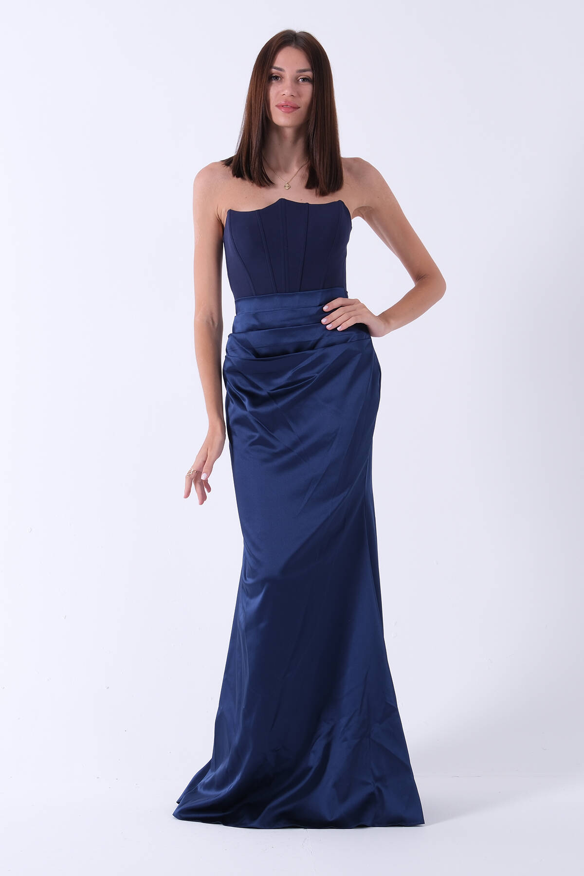 Lacivert Önü Drape Detaylı Straplez Abiye 9705744.02 