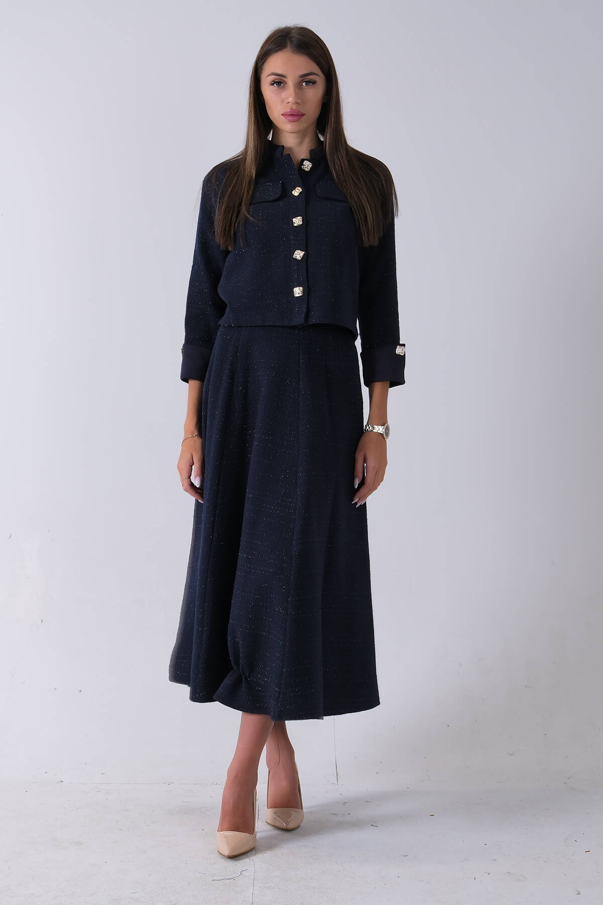 Lacivert Önü Düğme Kapamalı Crop Ceket Etekli Tüvid Takım 45950601.02 - Ardanewline