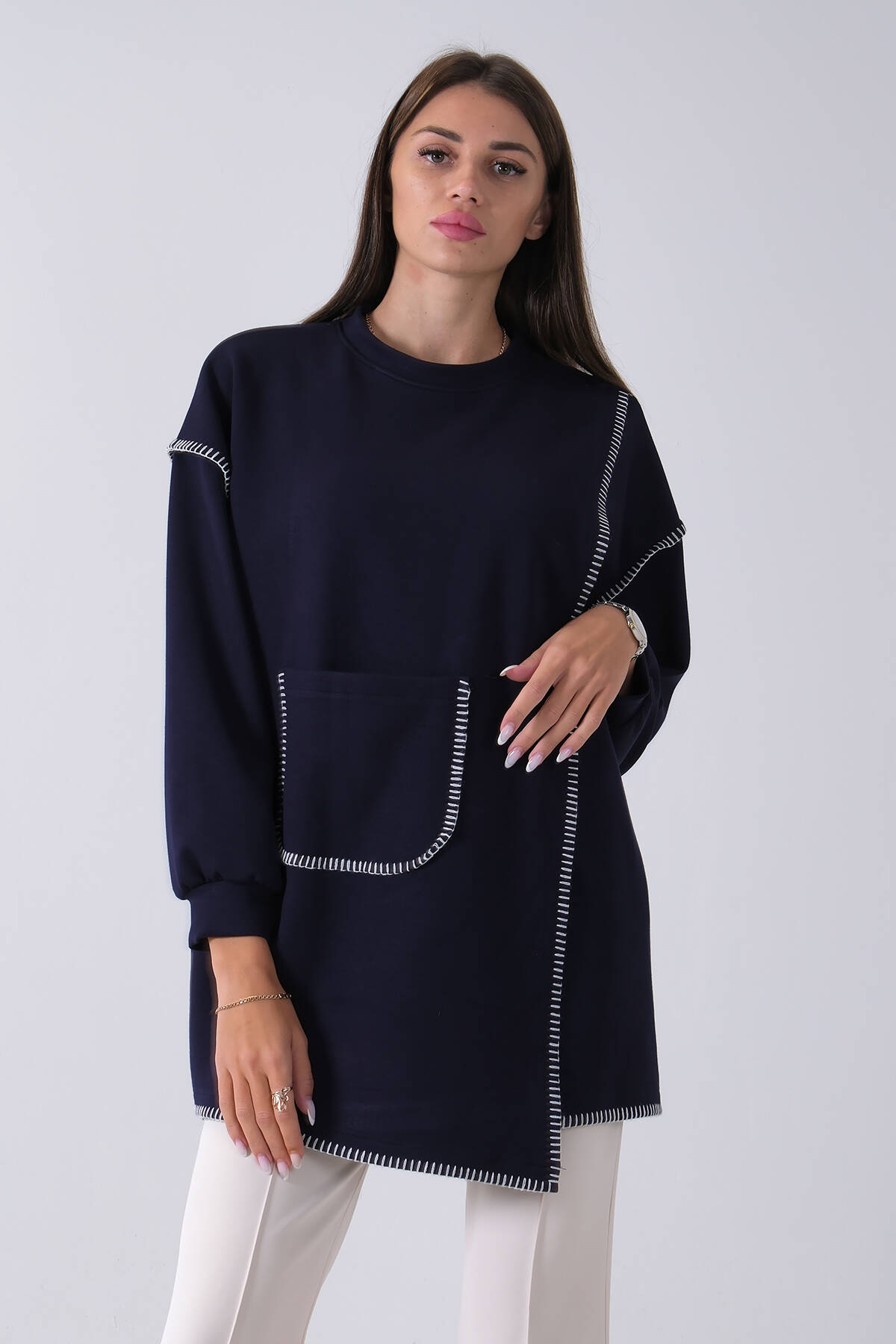 Lacivert Önü Kanguru Cep Detaylı Çizgi Dikişli Bisiklet Yaka Tunik 940170263.02 - Ardanewline (1)