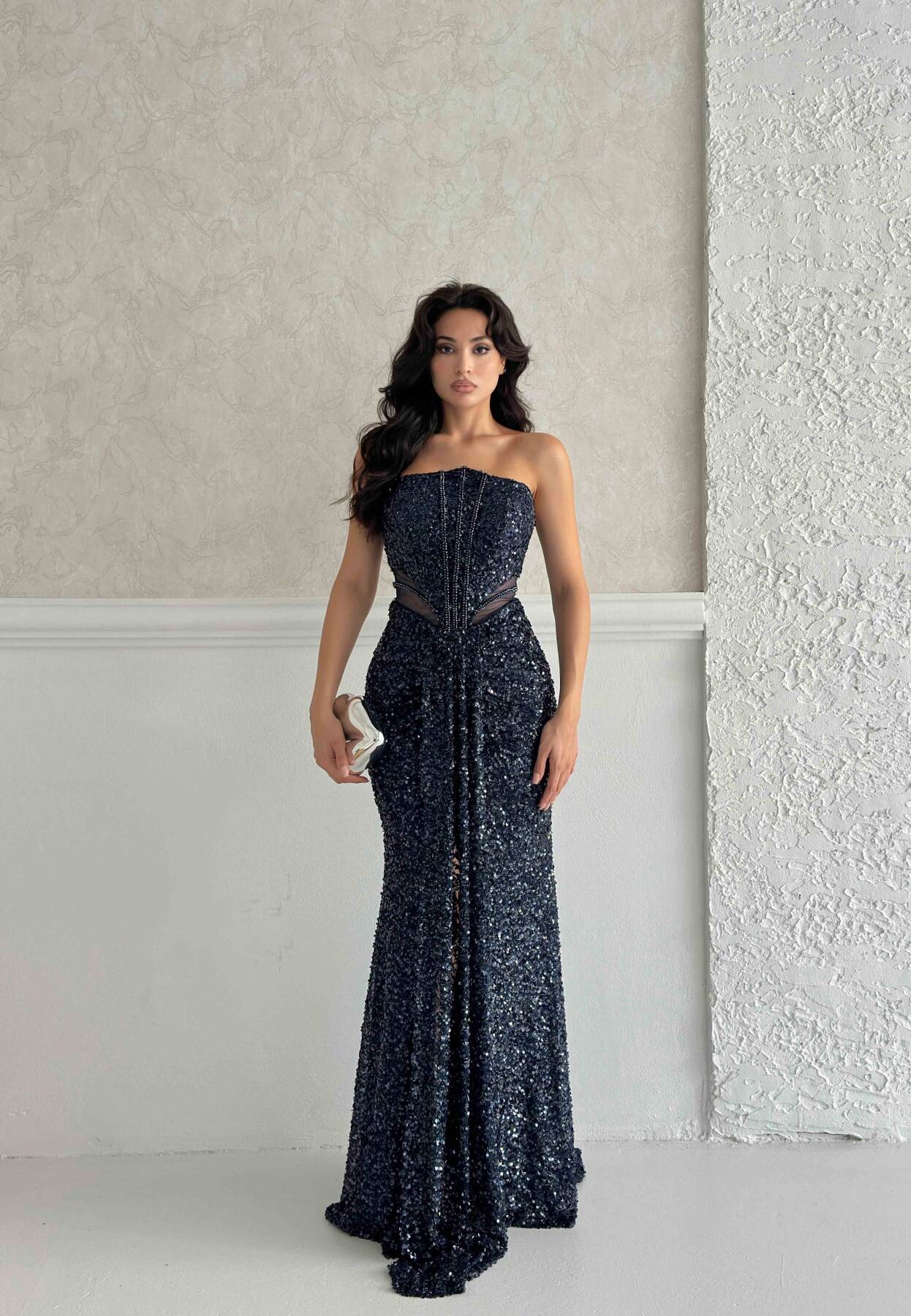 Lacivert Önü Taş Detaylı Yırtmaçlı Pul Payet Straplez Abiye 0801163.02 - Ardanewline (1)