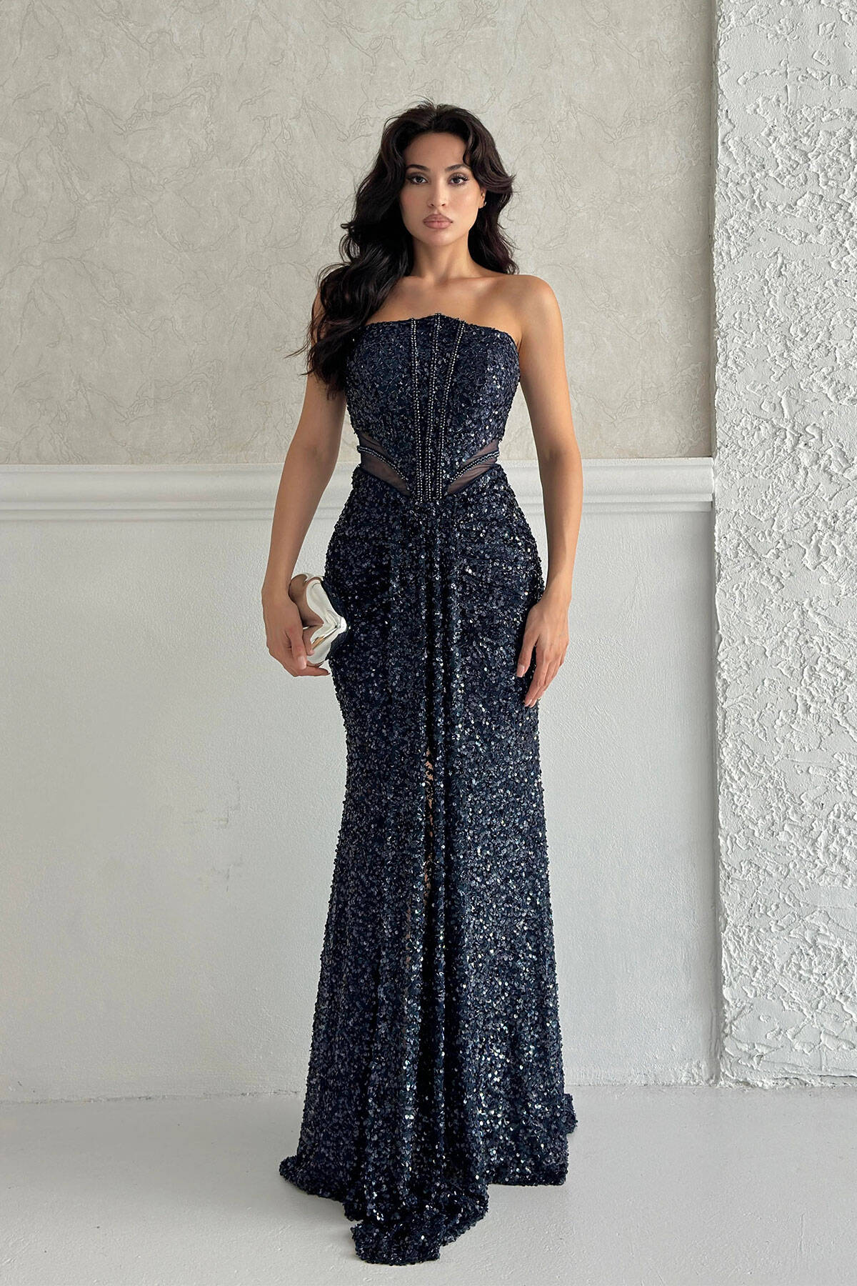 Lacivert Önü Taş Detaylı Yırtmaçlı Pul Payet Straplez Abiye 0801163.02 - Ardanewline (1)