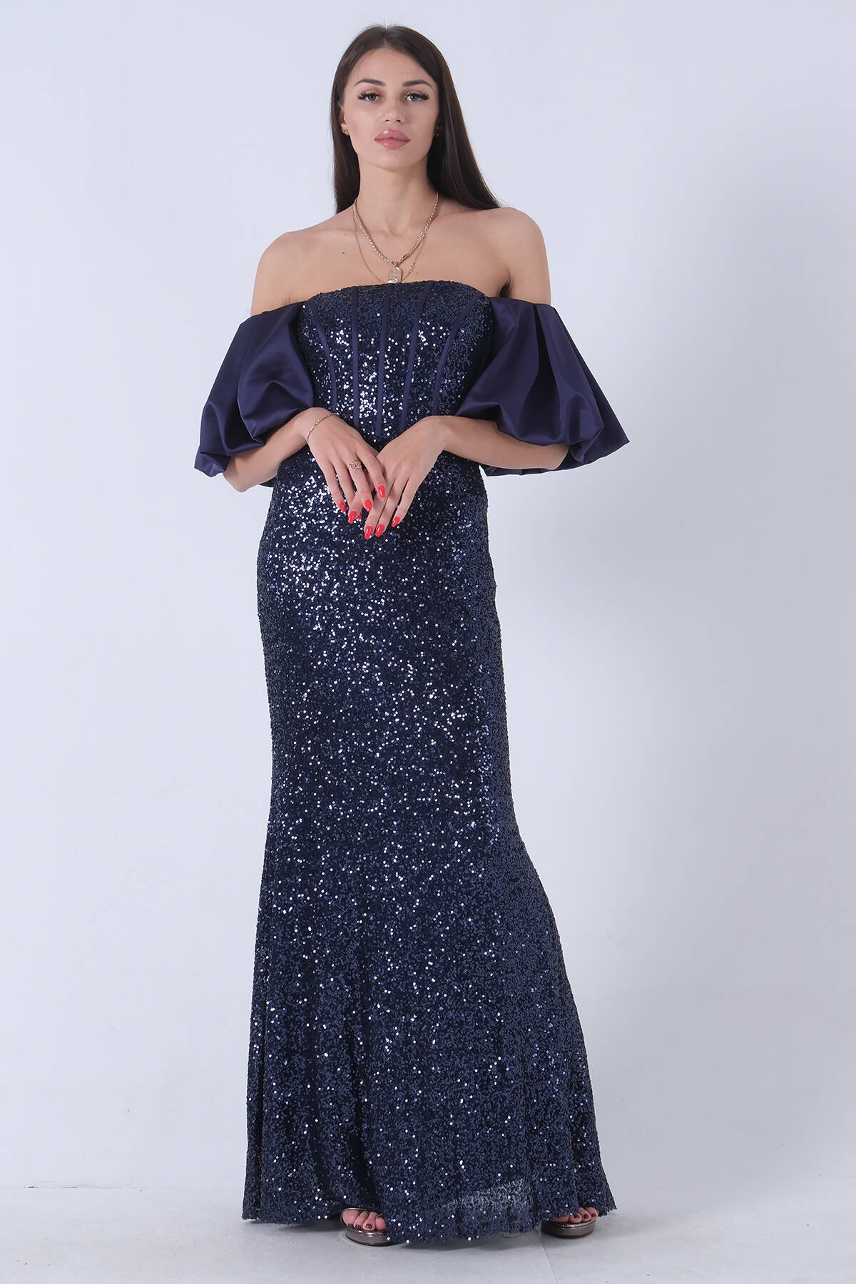 Lacivert Pul Payetli Balon Kol Abiye 9705296.02 - Ardanewline (1)