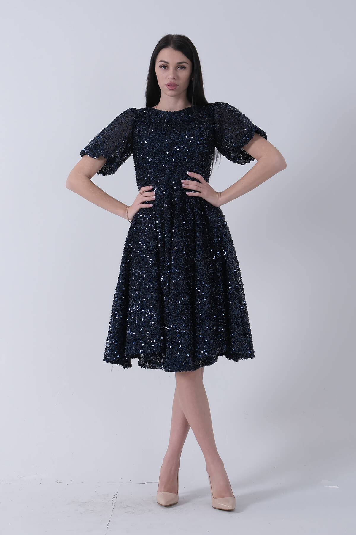 Lacivert Pul Payetli Midi Boy Kısakol Abiye 6502498.02 - Ardanewline (1)