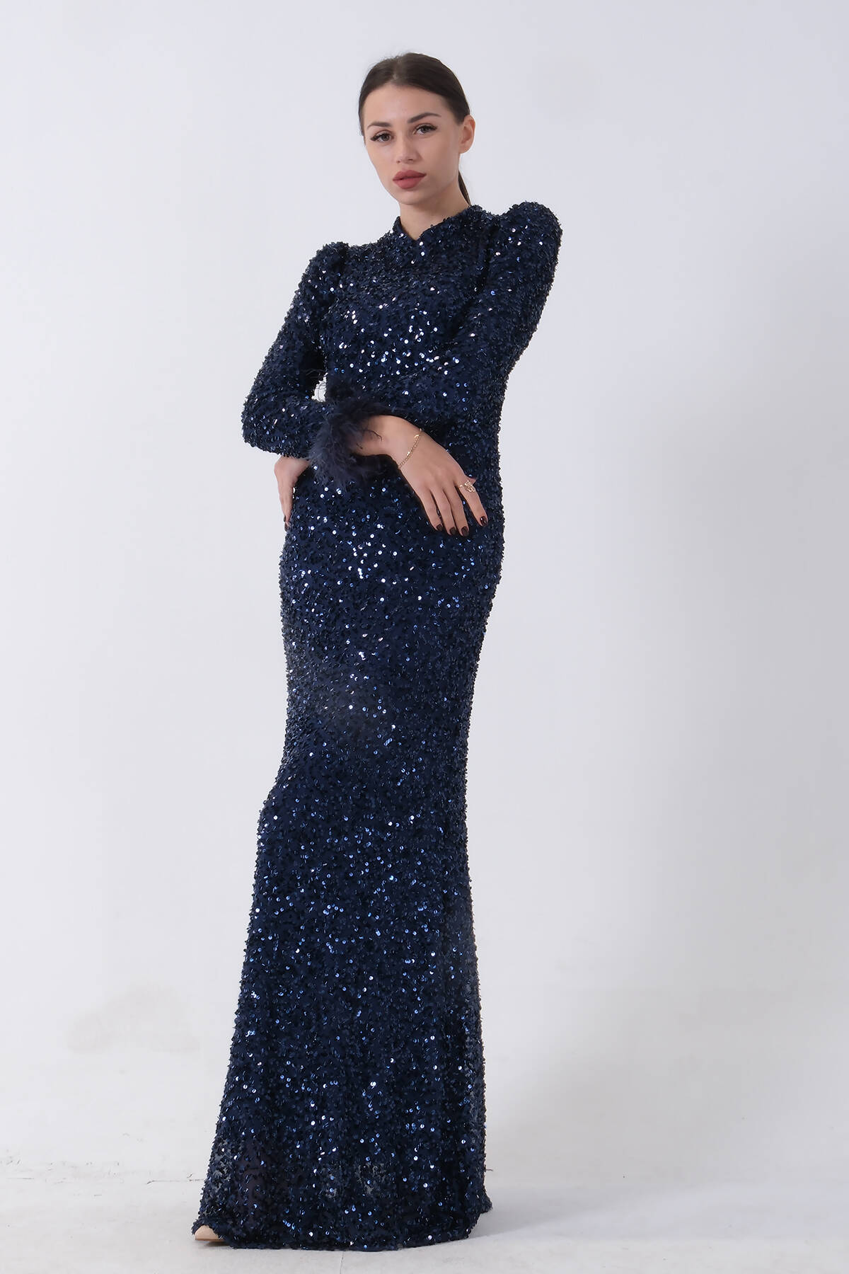 Lacivert Pul Payetli ve Tüy Detaylı Tesettür Abiye 6502490.02 