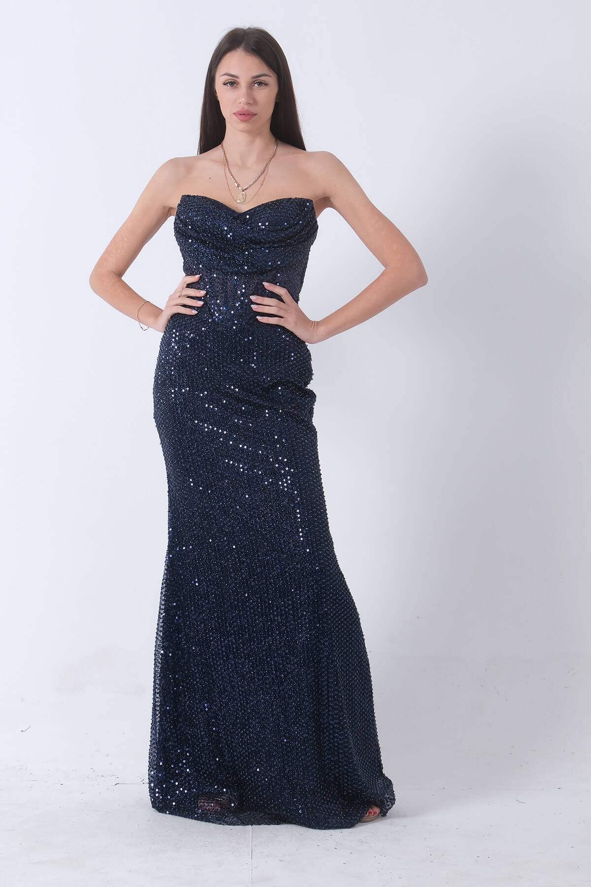 Lacivert Pul Taş İşlemeli Straplez Balık Abiye 9705304.02 