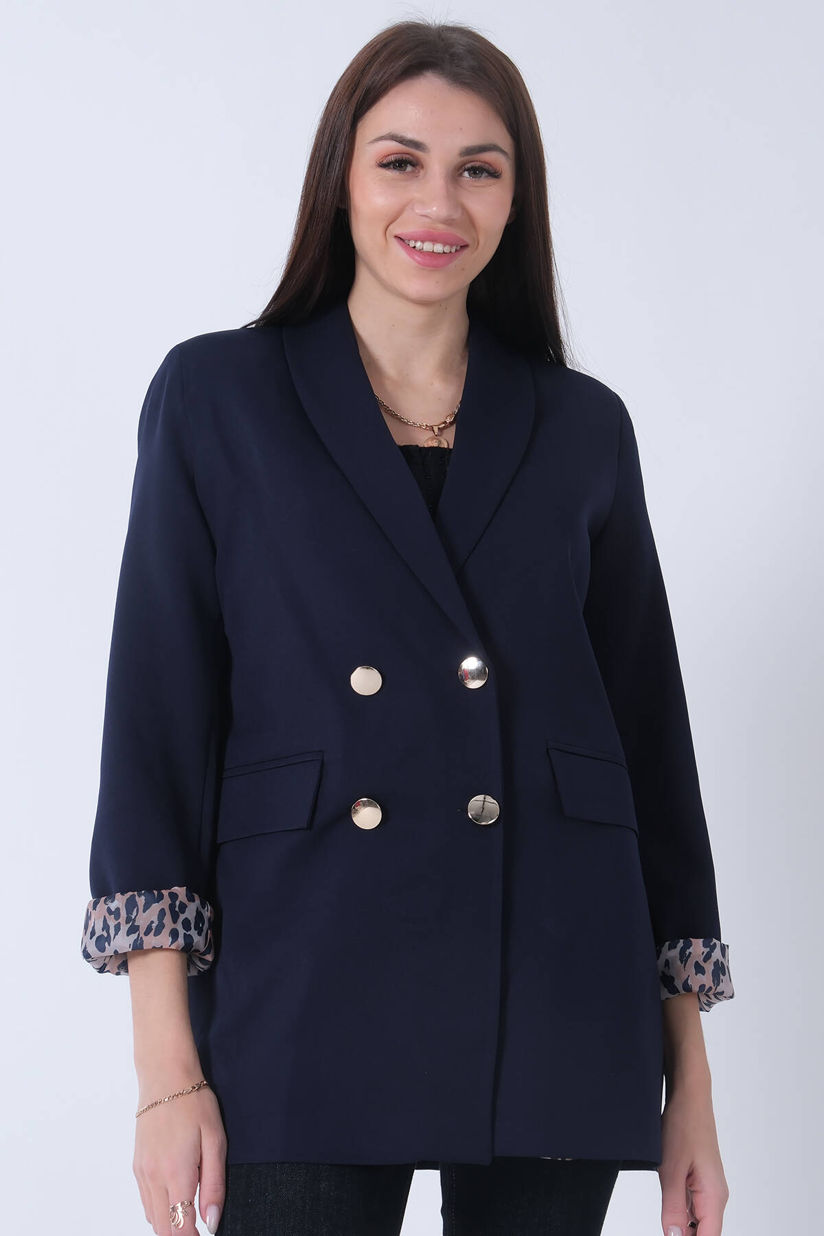 Lacivert Şal Yaka Leopar Astarlı Kruvaze Ceket 39711561.02 Lacivert
