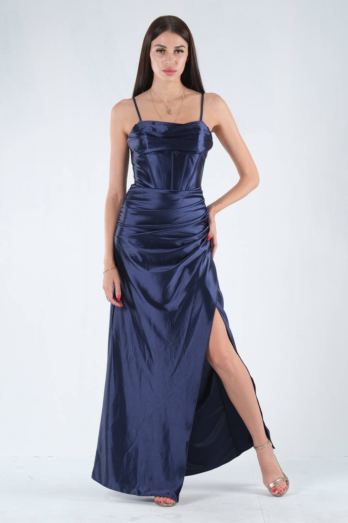 Lacivert Sırtı Bağlamalı Yırtmaçlı Abiye 4522018.02 Lacivert