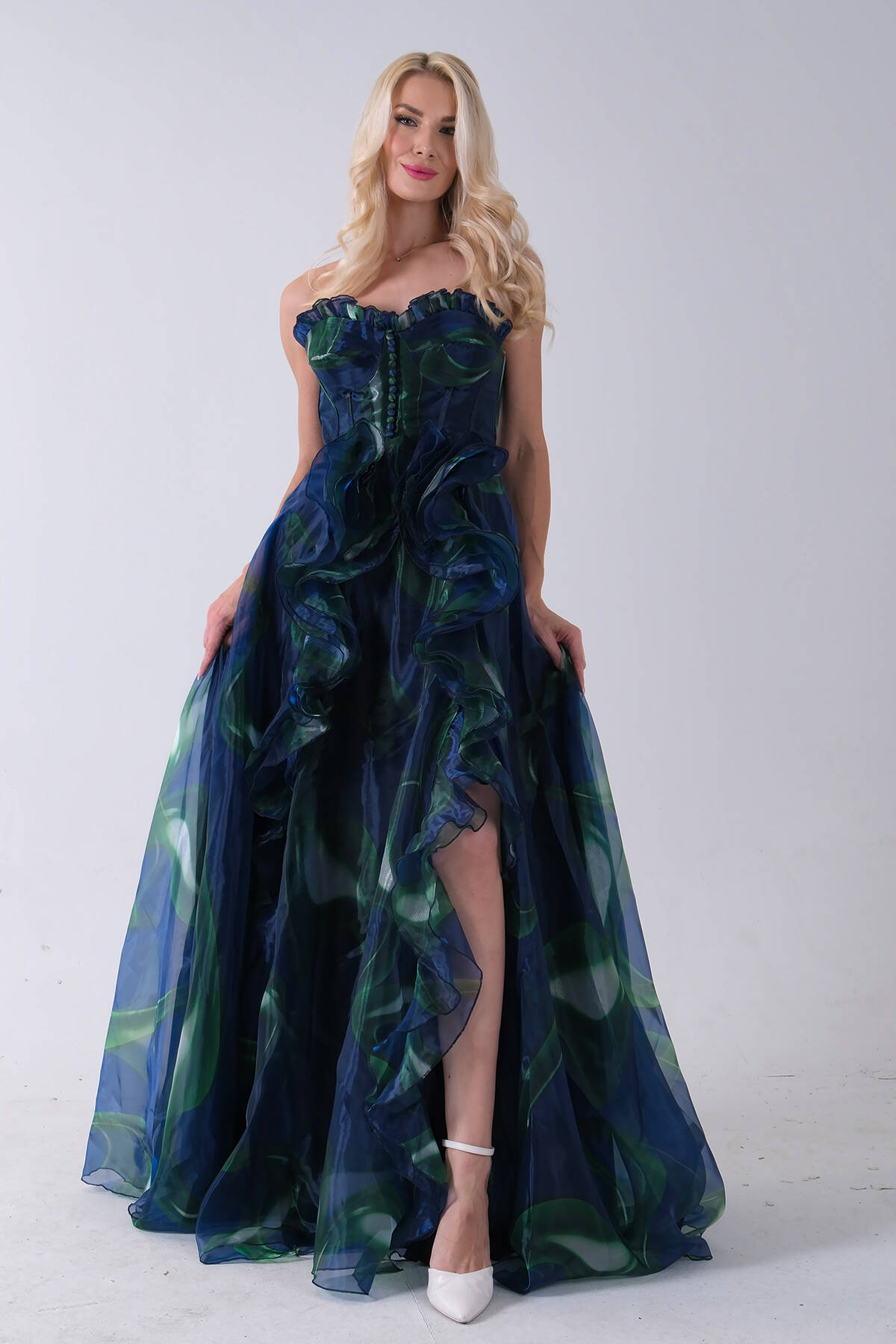 Lacivert Straplez Yaka Önü Düğme Detaylı Desenli Fırfırlı Abiye 9705680.02 Lacivert