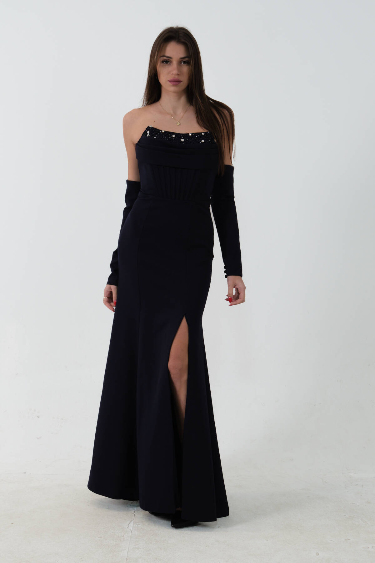 Lacivert Takma Kol Önü Drapeli Taş Detaylı Yırtmaçlı Abiye 0801146.02 Lacivert